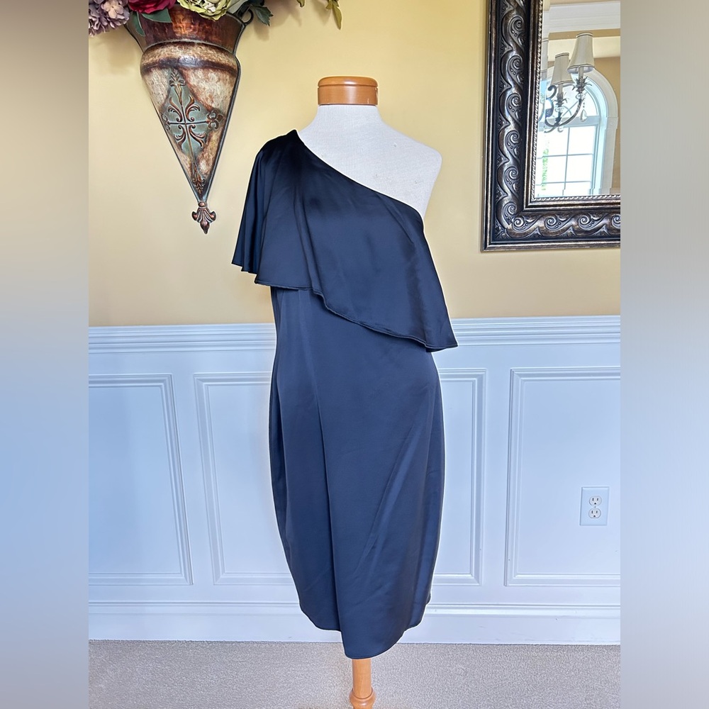 Ralph Lauren, Black Satin One shoulder Cocktail Party Dress, Formal